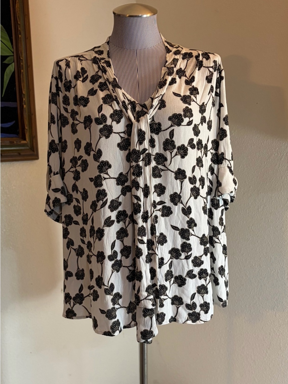 Lane Bryant White Blouse with Black Floral Tie-Neck